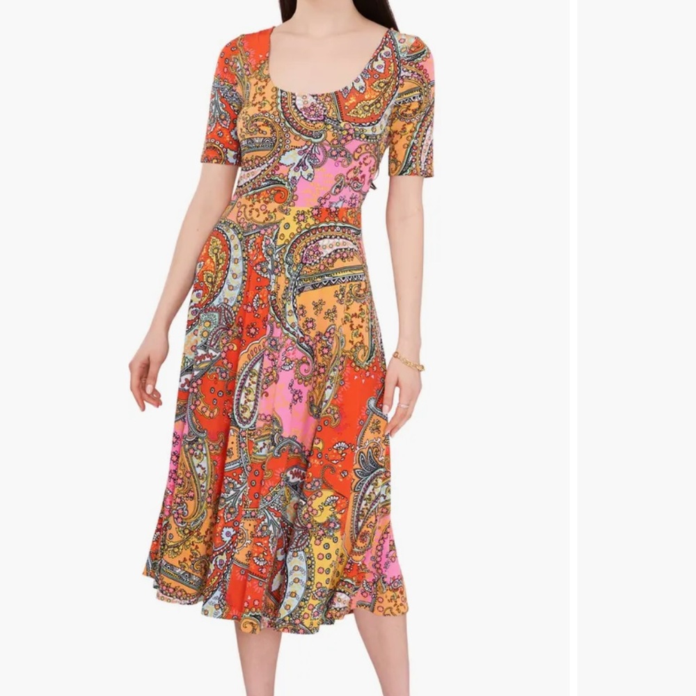 Chaus Paisley Scoop-Neck Midi Dress in Orange & Pink
